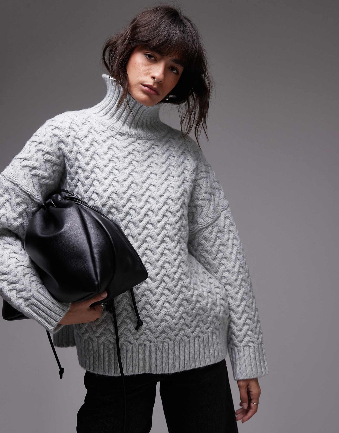 Knitted Weave Cable High Neck Oversized Jumper