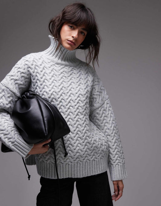 Knitted Weave Cable High Neck Oversized Jumper