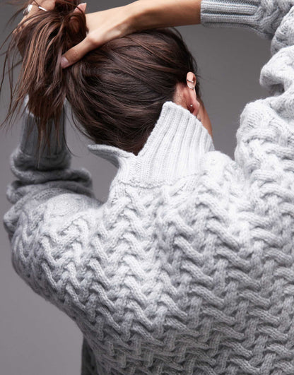 Knitted Weave Cable High Neck Oversized Jumper