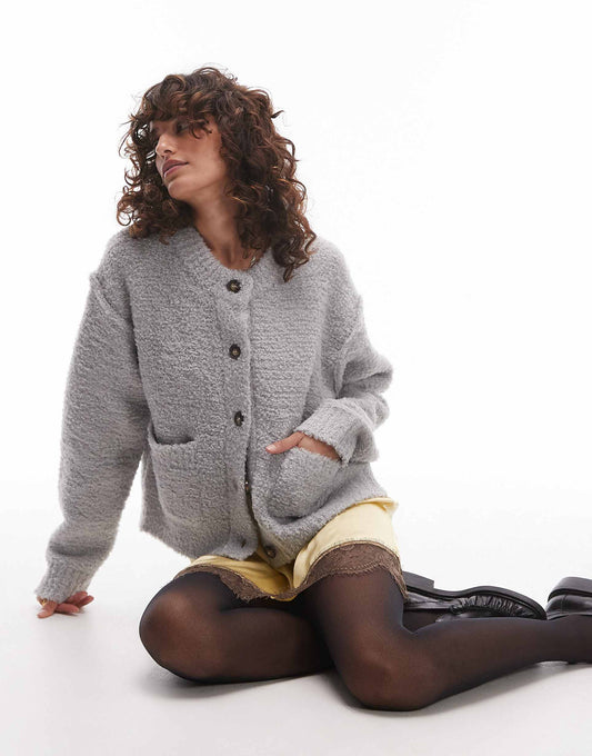 Knitted Crew Teddy Cardi With Pockets