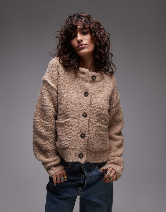 Knitted Crew Teddy Cardigan With Pockets