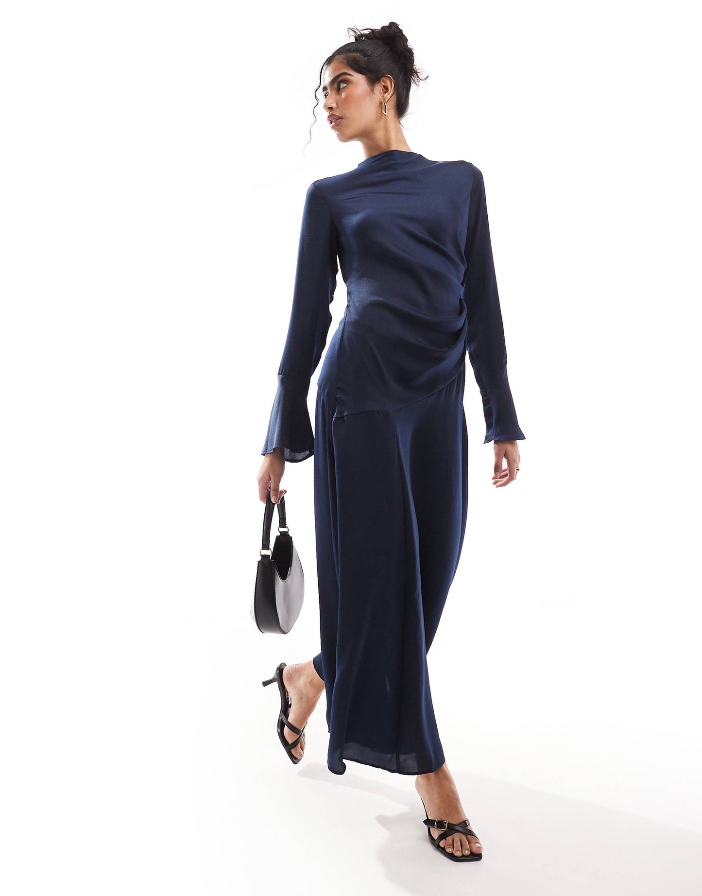 Ruched Side Cowl Neck Maxi Dress With Asymmetric Tier