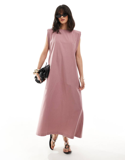 Cotton Shapeless Midi Dress With Shoulder Pads