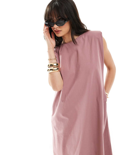 Cotton Shapeless Midi Dress With Shoulder Pads