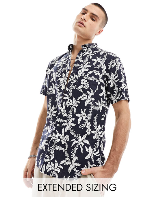 Short Sleeve Viscose Hawaii Print Revere Collar Shirt Relaxed Fit