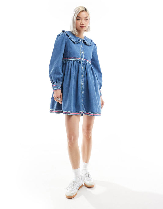 Rik-Rak Detail Denim Mini Smock Dress