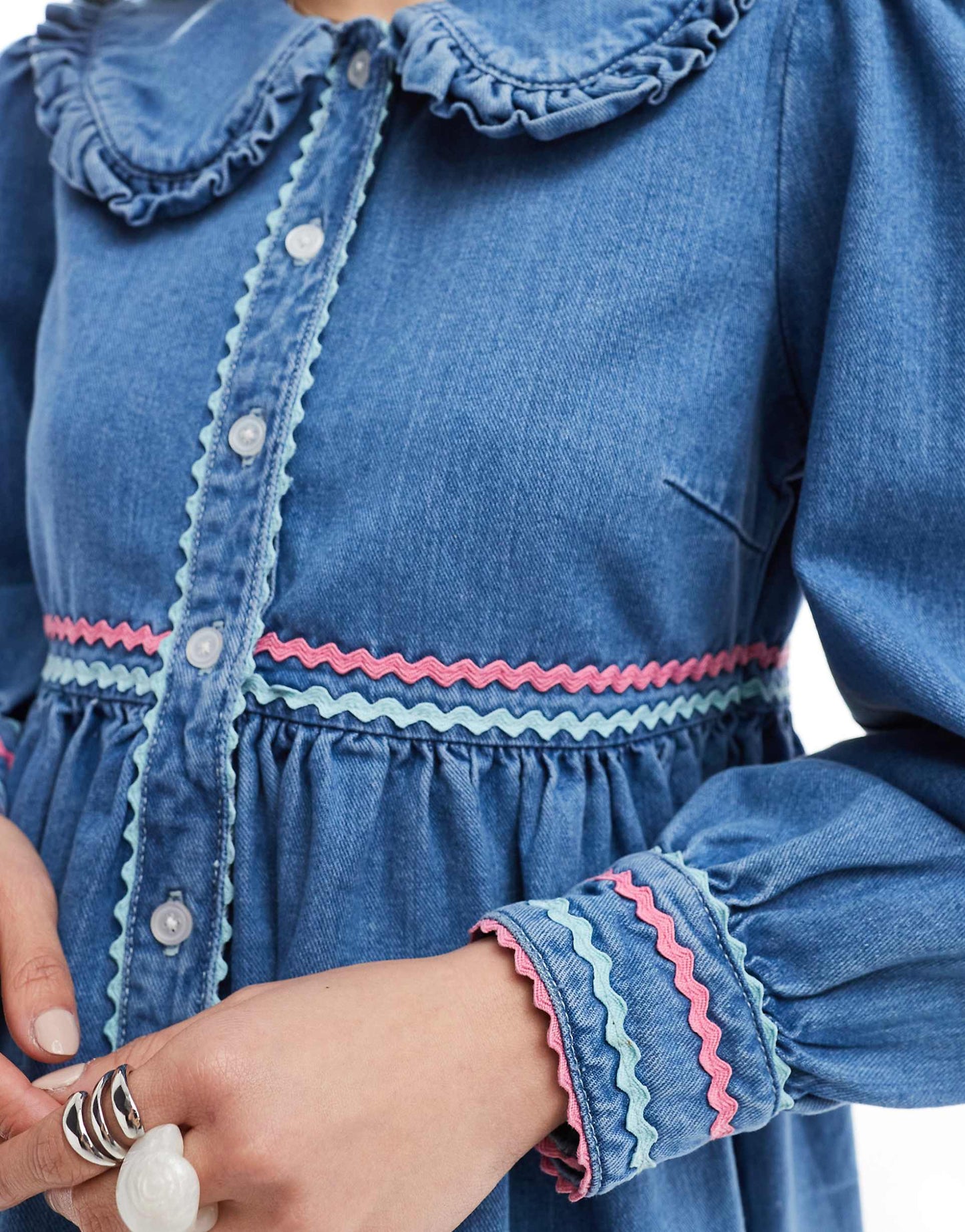 Rik-Rak Detail Denim Mini Smock Dress