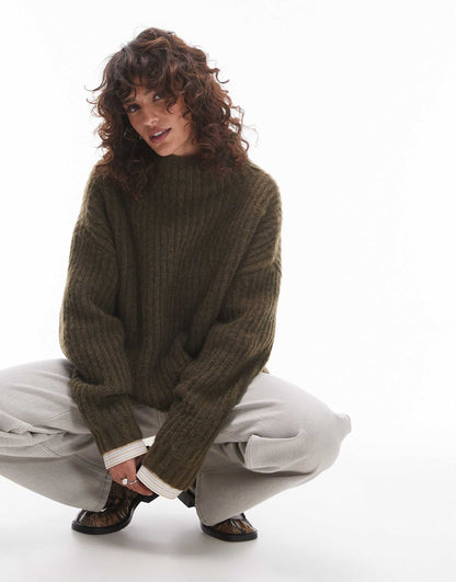 Knitted Fluffy High Neck Oversized Jumper