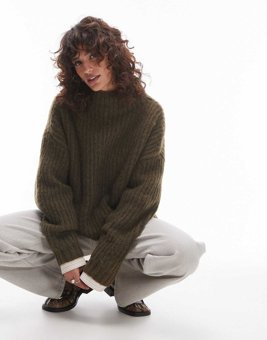 Knitted Fluffy High Neck Oversized Jumper