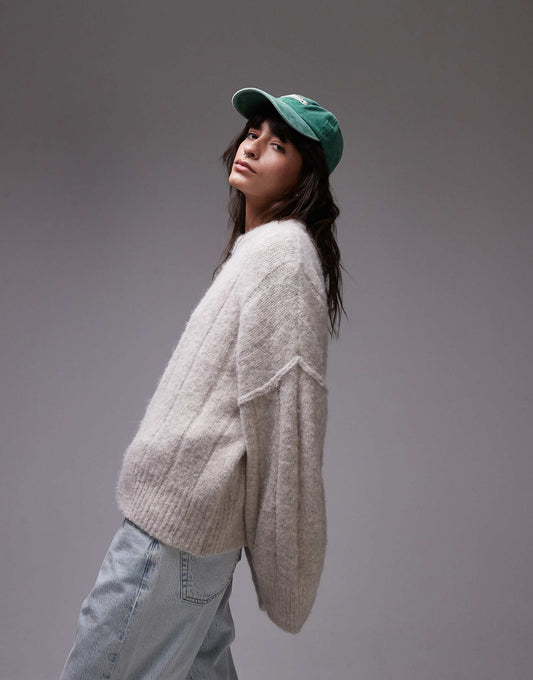 Knitted Fluffy Rib Oversized Crew Jumper