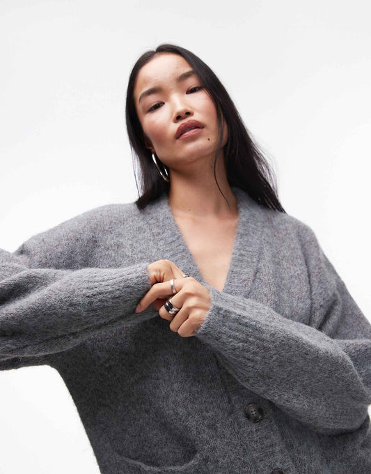 Knitted V-Neck Fluffy Oversized Cardigan With Pockets
