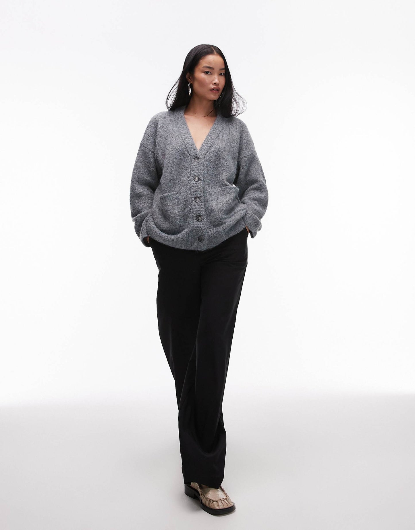 Knitted V-Neck Fluffy Oversized Cardigan With Pockets