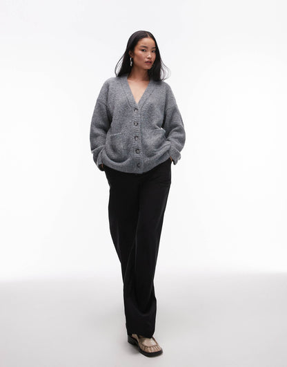 Knitted V-Neck Fluffy Oversized Cardigan With Pockets