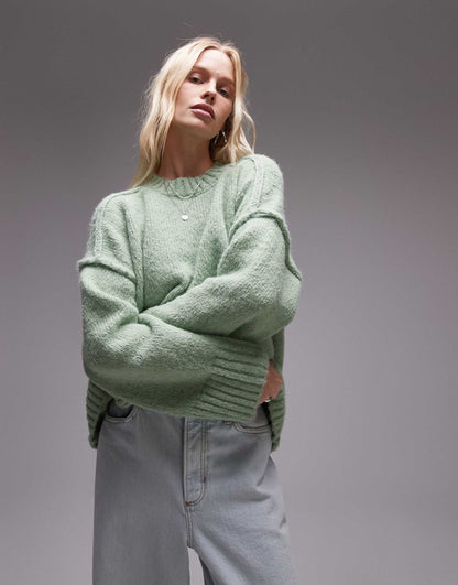 Knitted Fluffy Rib Detail Exposed Seam Crew Oversized Jumper