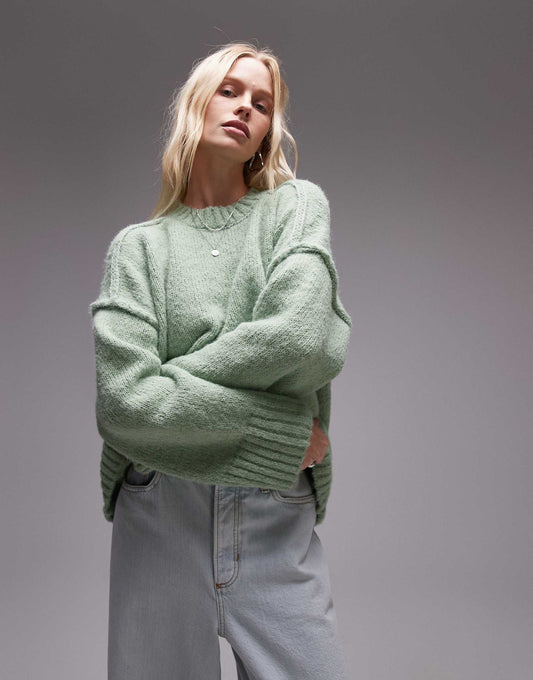 Knitted Fluffy Rib Detail Exposed Seam Crew Oversized Jumper