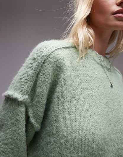 Knitted Fluffy Rib Detail Exposed Seam Crew Oversized Jumper