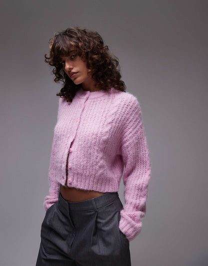 Knitted Cropped Fluffy Cable Cardigan