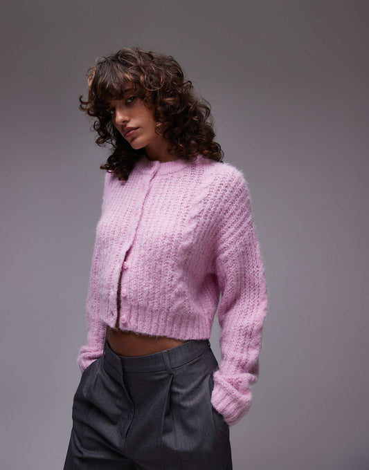 Knitted Cropped Fluffy Cable Cardigan