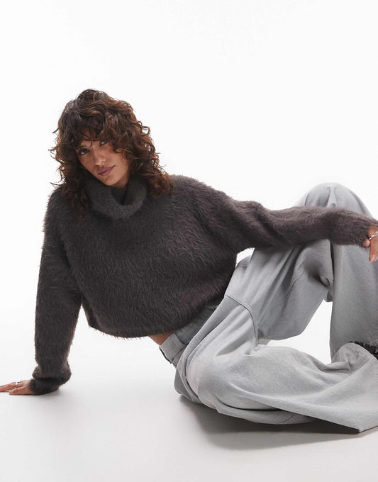 Knitted Ultra Fluffy Roll Neck Crop Jumper