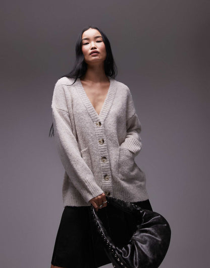 Knitted V-Neck Fluffy Oversized Cardigan With Pockets