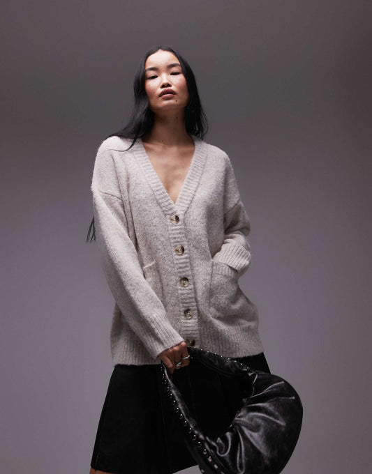Knitted V-Neck Fluffy Oversized Cardigan With Pockets