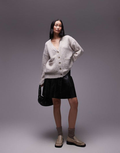 Knitted V-Neck Fluffy Oversized Cardigan With Pockets