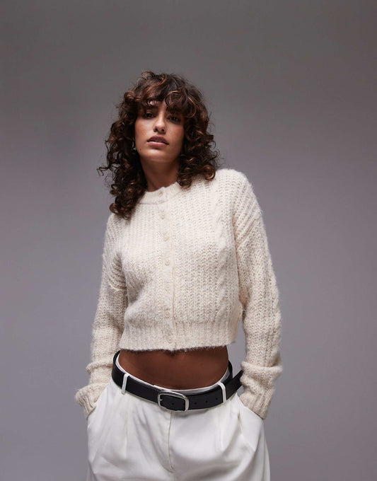 Knitted Cropped Fluffy Cable Cardigan