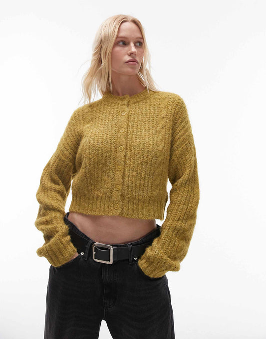 Knitted Cropped Fluffy Cable Cardigan