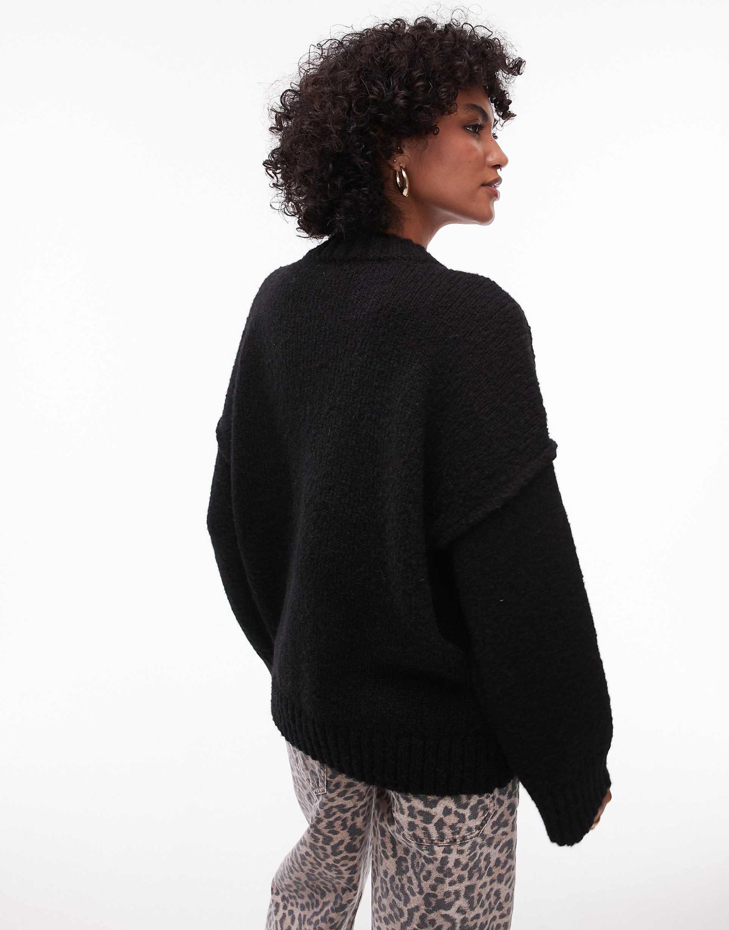 Knitted Fluffy Rib Detail Exposed Seam Crew Oversized Jumper