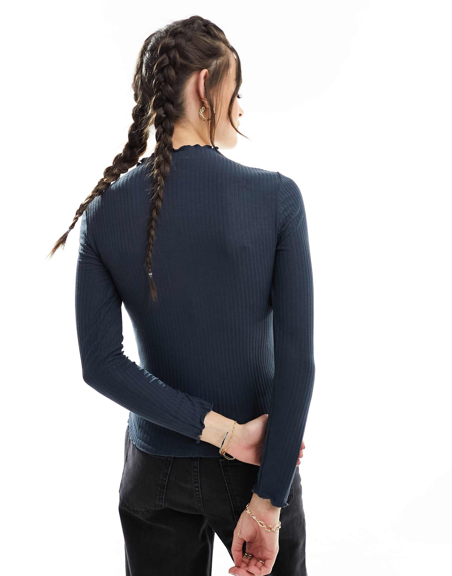 Lettuce Edge High Neck Ribbed Top