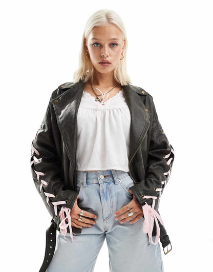 Ribbon Sleeve Distressed Faux Leather Jacket