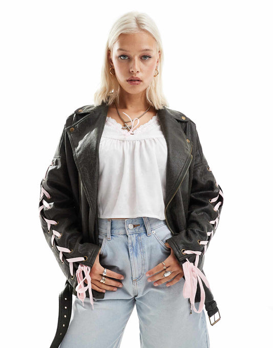 Ribbon Sleeve Distressed Faux Leather Jacket