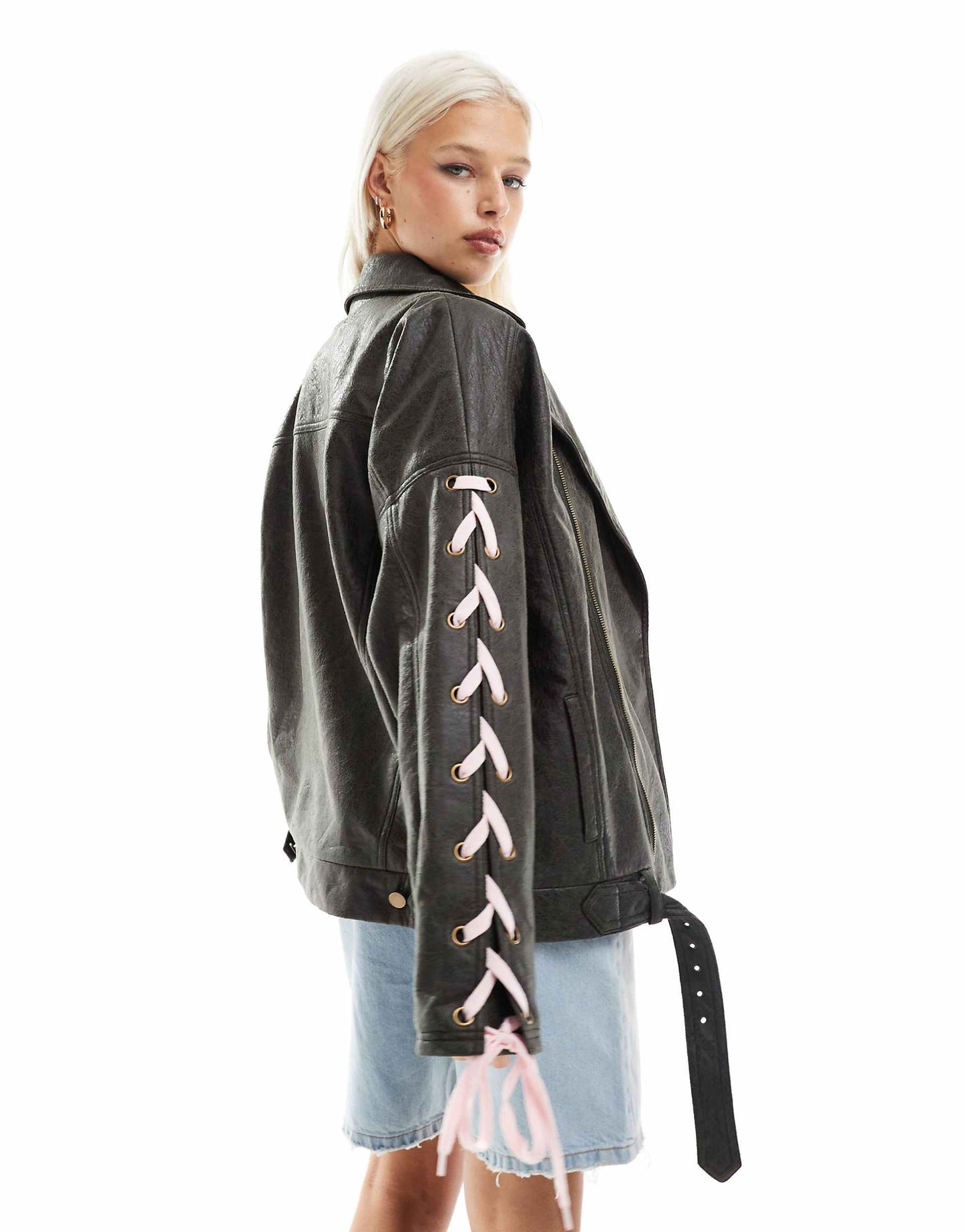 Ribbon Sleeve Distressed Faux Leather Jacket