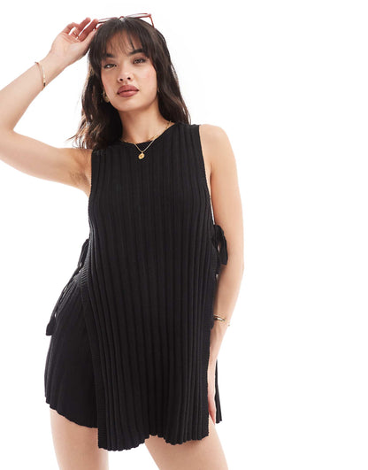 Knit Rib Open Tie Side Sleeveless Top Co-Ord