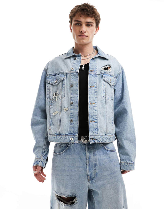 Co-Ord Denim Trucker Jacket With Rips