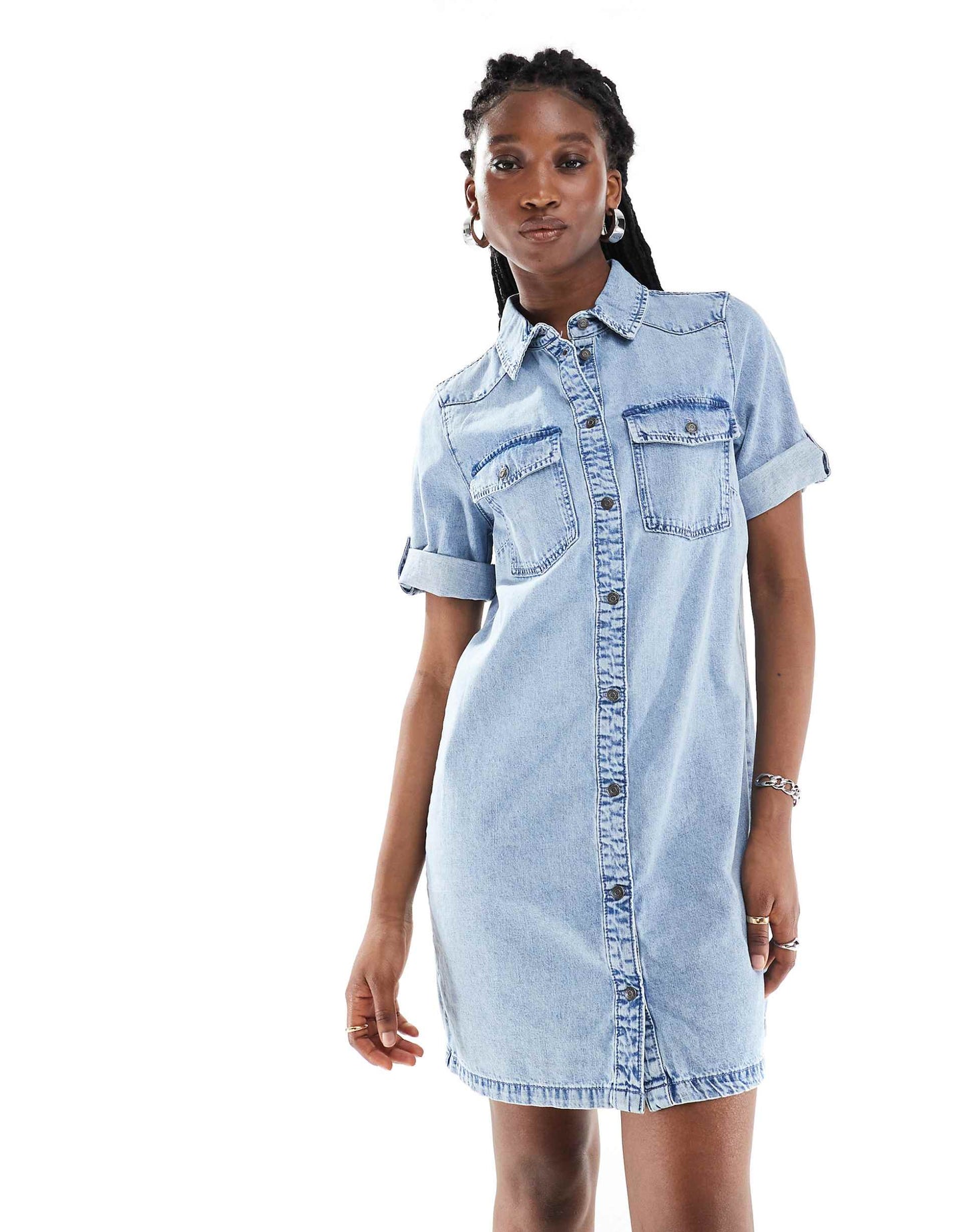 Rolled Sleeve Denim Mini Dress