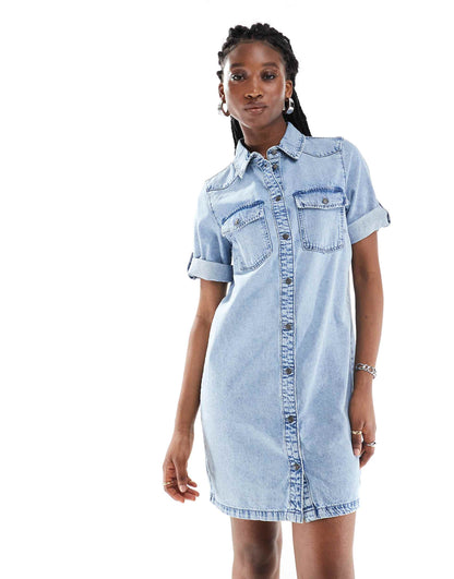 Rolled Sleeve Denim Mini Dress