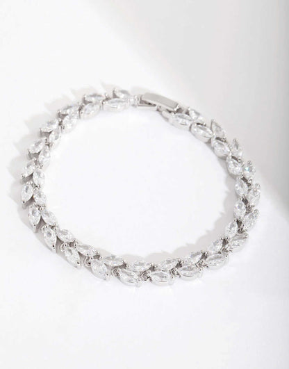 Rhodium Diamond Simulant Petal Row Tennis Bracelet