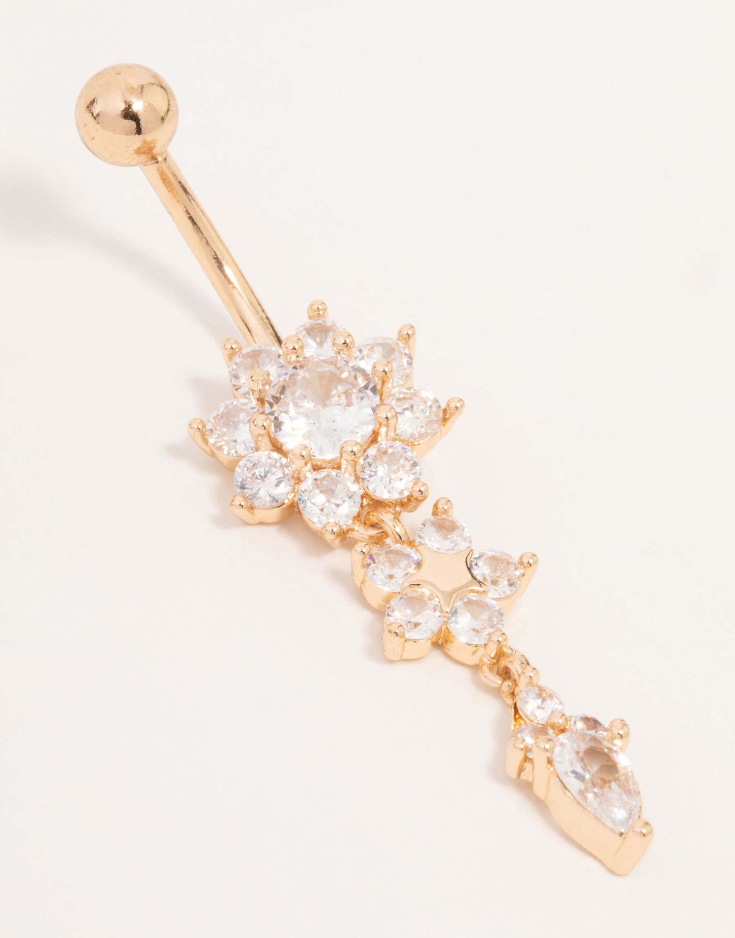 Gold Surgical Steel Cubic Zirconia Three Flower Belly Bar