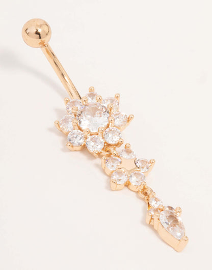 Gold Surgical Steel Cubic Zirconia Three Flower Belly Bar