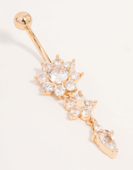 Gold Surgical Steel Cubic Zirconia Three Flower Belly Bar