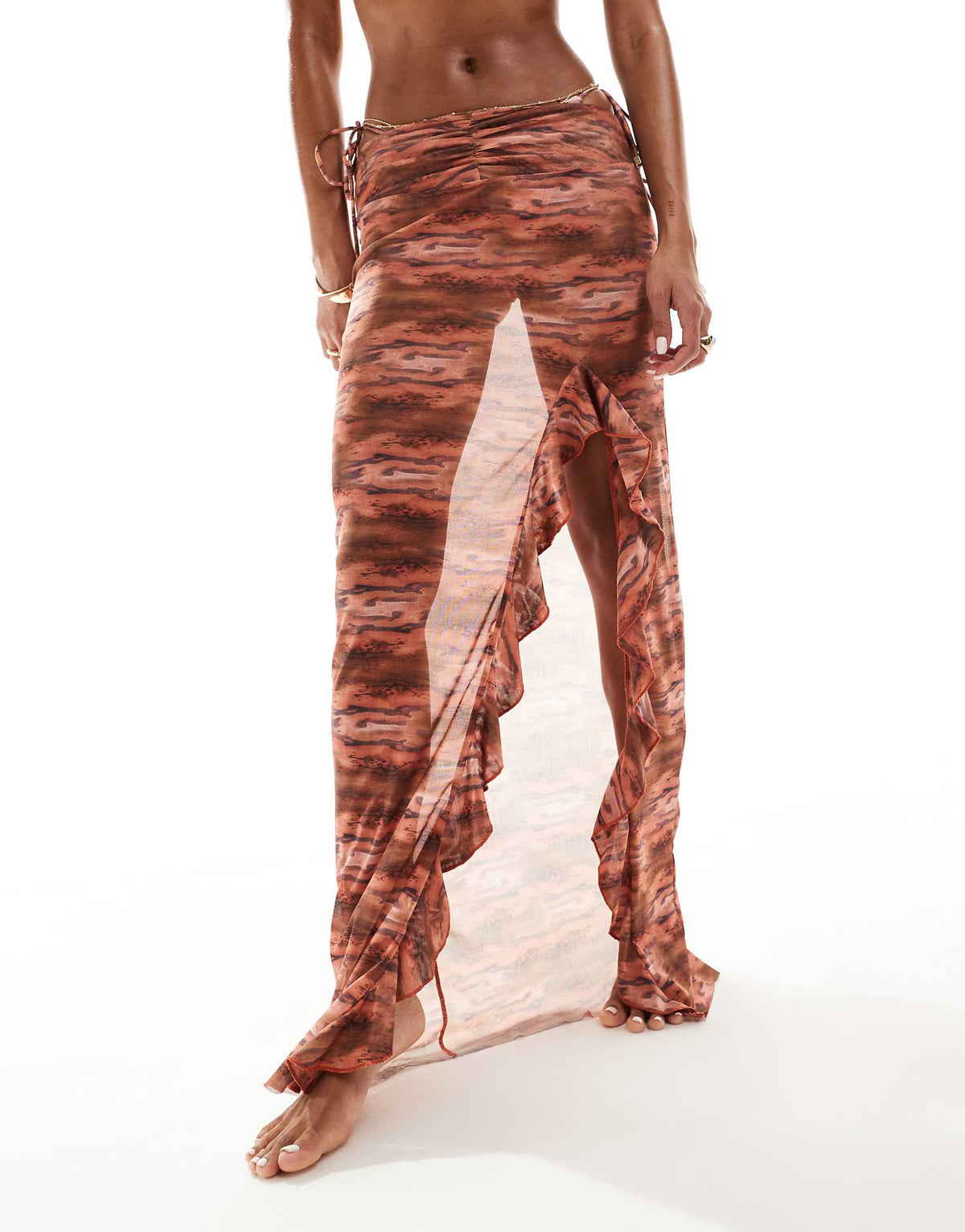 Ruffle Abstract Print Maxi Sarong In Rust