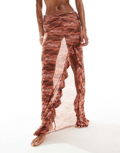 Ruffle Abstract Print Maxi Sarong In Rust