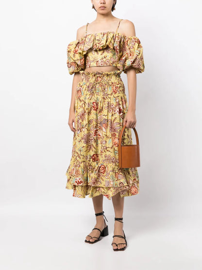 Acacia Calla Lily-Print Midi Skirt