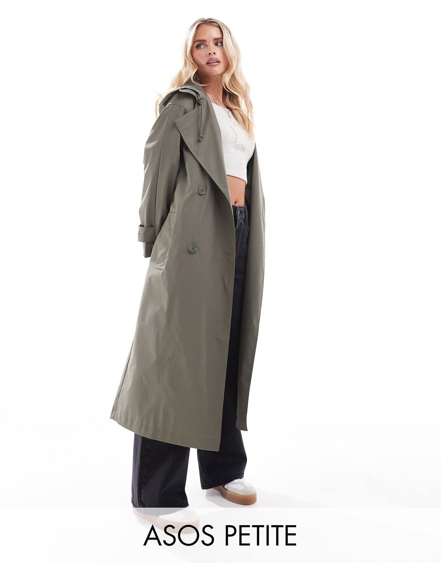 Petite Rubberised Rain Hooded Trench Coat With Belt Detail
