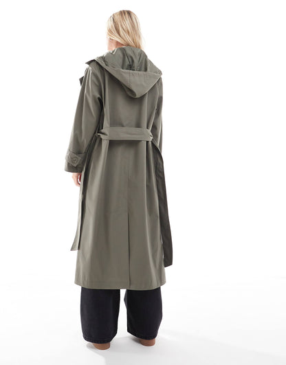 Petite Rubberised Rain Hooded Trench Coat With Belt Detail