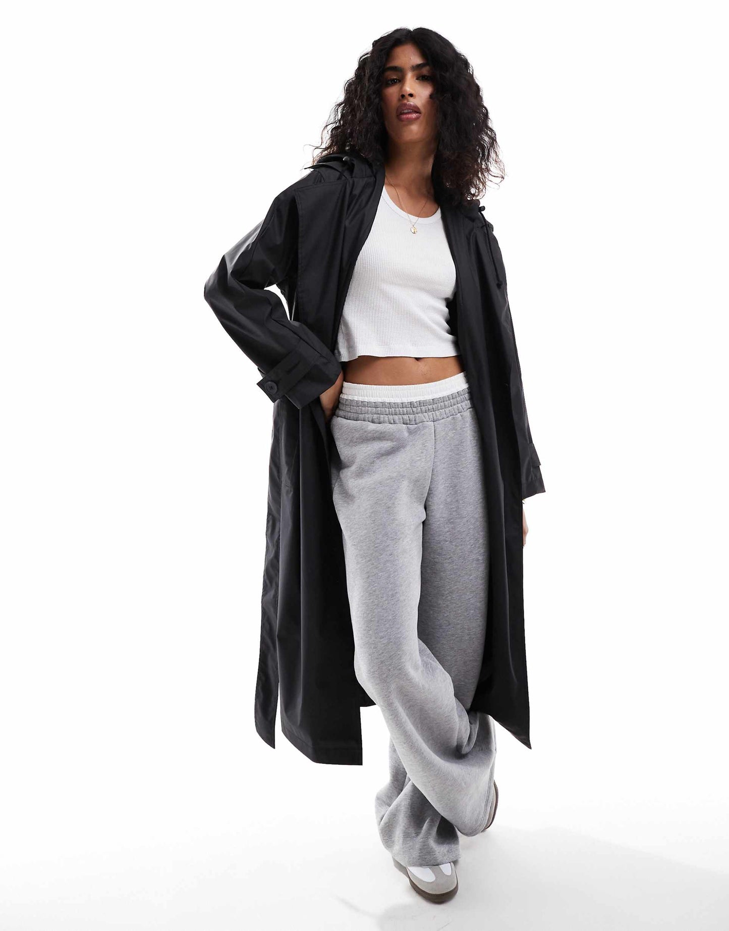 Rubberised Rain Hooded Trench Coat With Belt Detail