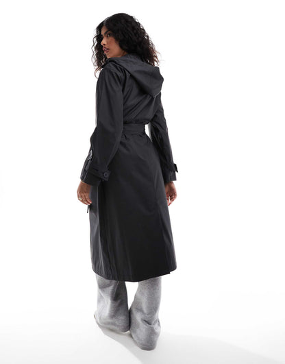 Rubberised Rain Hooded Trench Coat With Belt Detail