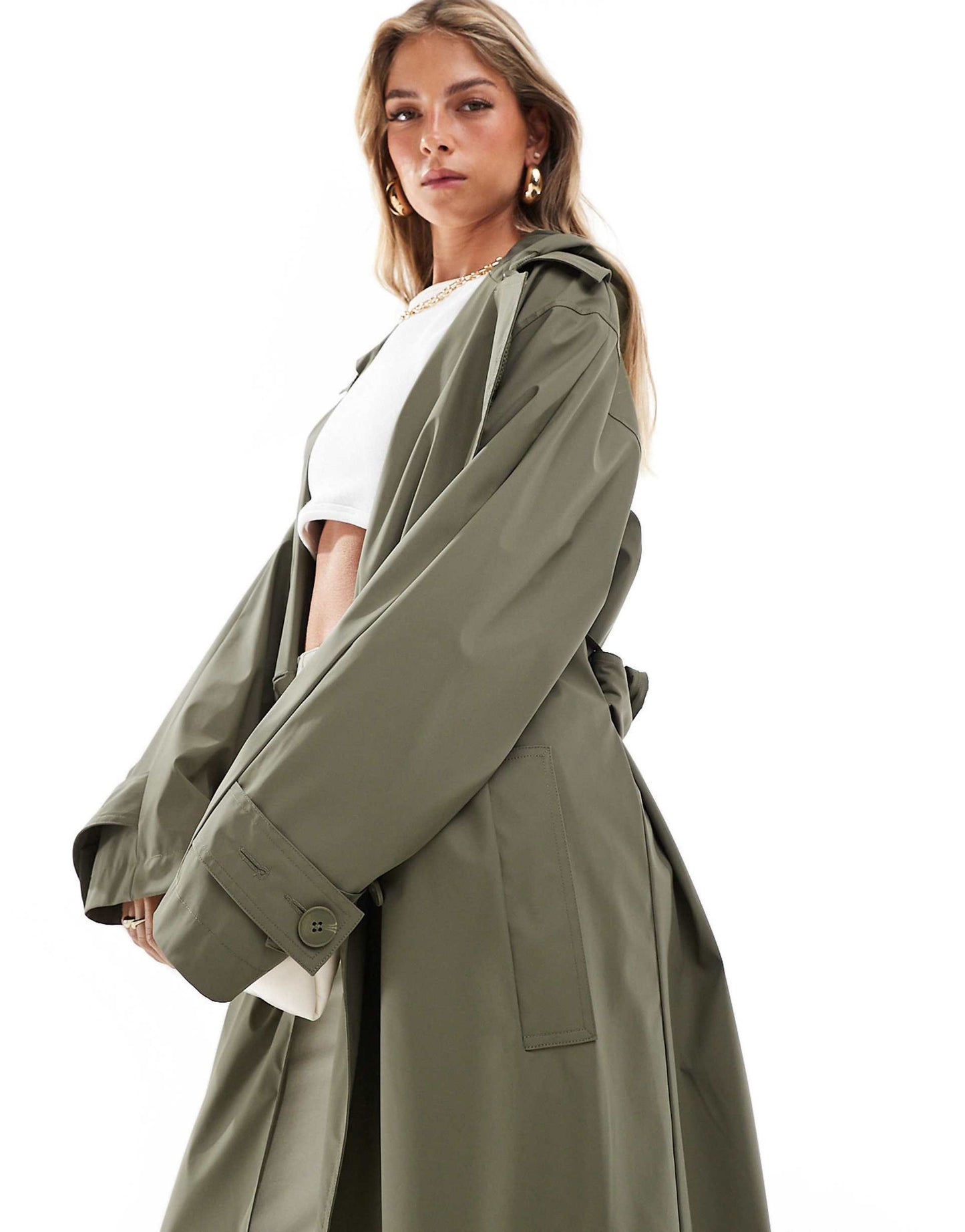 Rubberised Rain Hooded Trench Coat With Belt Detail