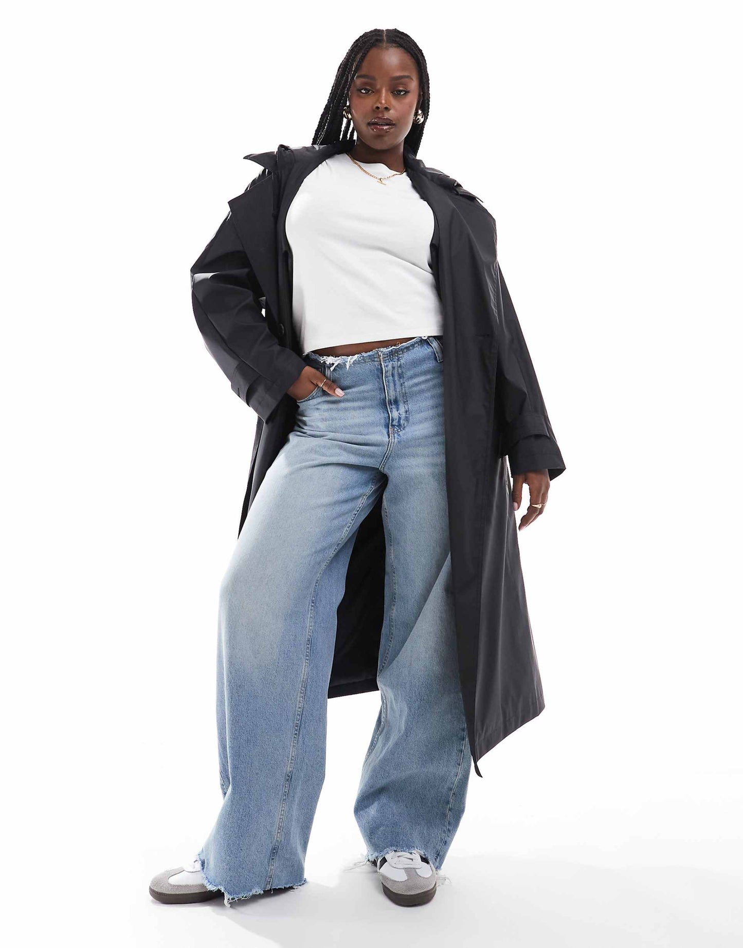 Curve Rubberised Rain Hooded Trench Coat With Belt Detail